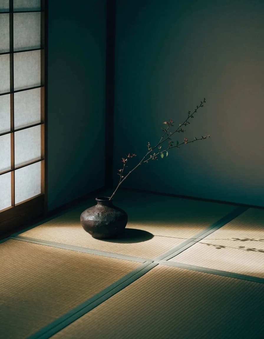 Pièce japonaise épurée, tatami, lumière filtrée par un paravent de papier